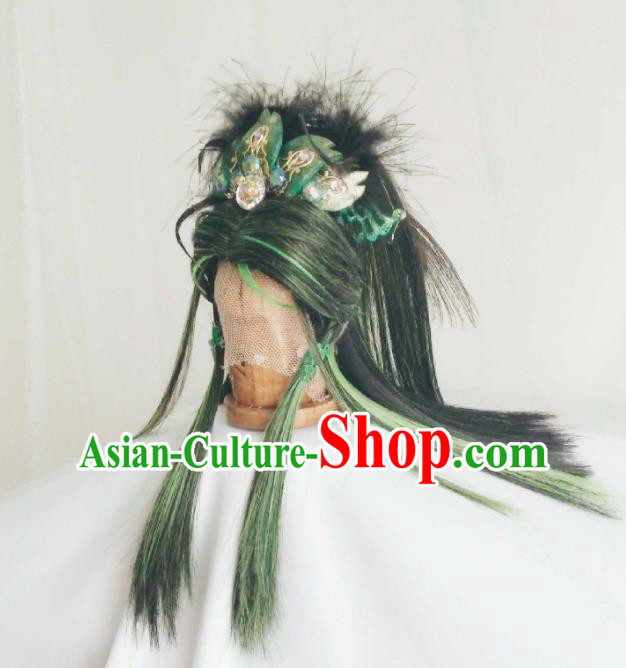 Handmade China Cosplay Royal Duke Wigs and Hair Crown Traditional Puppet Show Swordsman Hairpieces Ancient King Headdress