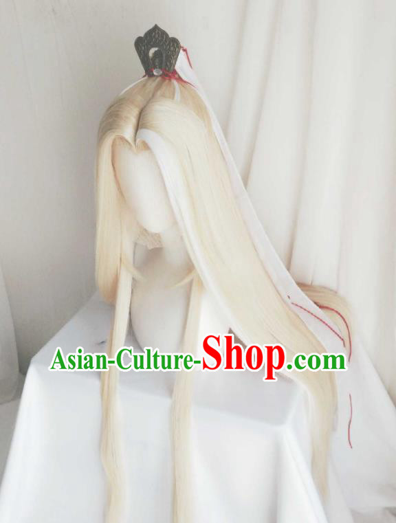 Handmade China Traditional Puppet Show Taoist Priest Hairpieces Ancient Royal Prince Headdress Cosplay Noble Childe Golden Wigs and Hair Crown