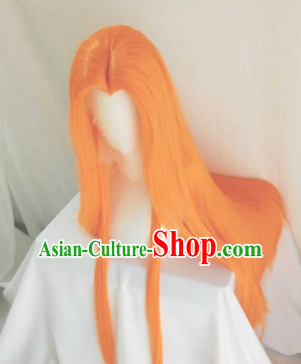 Handmade China Cosplay Swordsman Orange Wigs Traditional Puppet Show Young Hero Hairpieces Ancient Childe Headdress