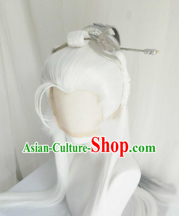 Handmade China Ancient Taoist Headdress Cosplay Swordsman White Wigs and Hair Crown Traditional Puppet Show Immortal Hairpieces