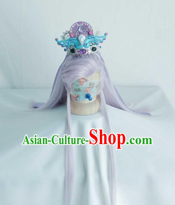 Handmade China Traditional Puppet Show Murong Ning Hairpieces Ancient Royal Prince Headdress Cosplay Noble Childe Violet Wigs and Hair Crown