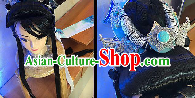 Handmade China Cosplay Swordsman Wigs and Hair Crown Traditional Puppet Show Childe Hairpieces Ancient Prince Headdress