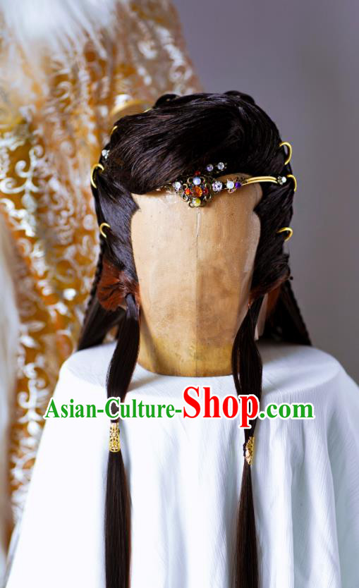 Handmade China Ancient Noble Prince Headdress Cosplay Royal King Wigs and Hair Crown Traditional Puppet Show Young Hero Hairpieces