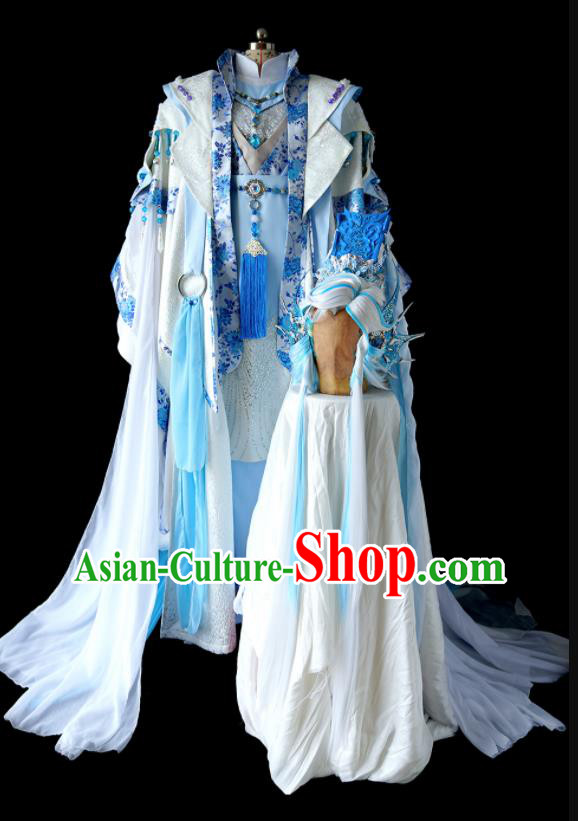 Custom China Cosplay Young General Blue Outfits Puppet Show Dragon King Clothing Ancient Swordsman Garment Costumes and Headdress