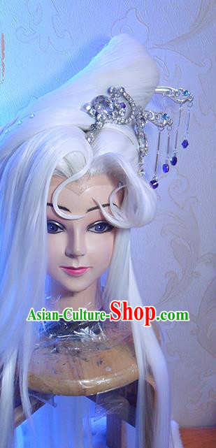 Chinese Ancient Queen White Wigs and Hair Crown Headwear Traditional Puppet Show Ji Wuxia Hairpieces Cosplay Fairy Hair Accessories