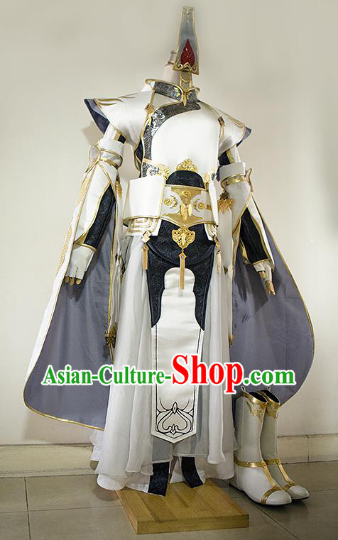Custom China Game Online Warrior Clothing Ancient Swordsman Garment Costumes Cosplay General White Outfits