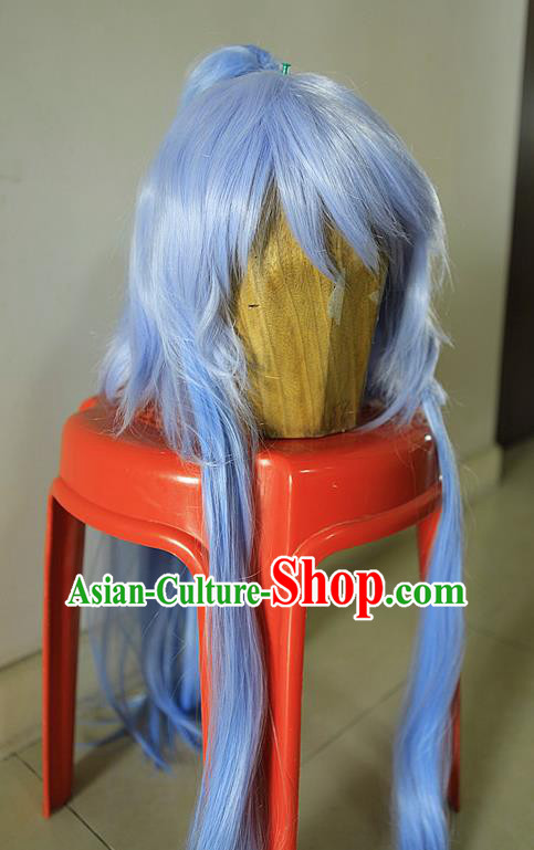 Handmade China Ancient Swordsman Headdress Cosplay Young Knight Blue Wigs Traditional Puppet Show Chivalrous Hero Hairpieces