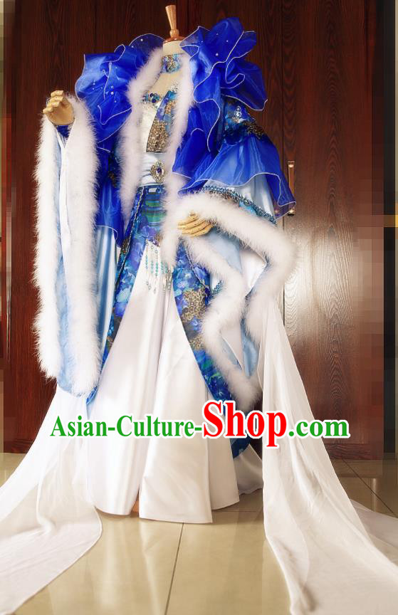 Top Chinese Cosplay Fox Queen Garment Costumes Ancient Fairy Clothing Traditional Puppet Show Empress Jun Haitang Blue Dress Apparels