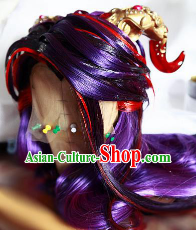 Handmade China Traditional Puppet Show Demon Prince Hairpieces Ancient Swordsman Headdress Cosplay Magic Lord Purple Wigs and Hair Crown