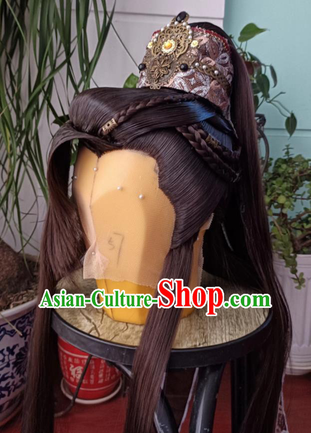 Handmade China Ancient Noble Childe Headdress Cosplay Swordsman Brown Wigs and Hairdo Crown Traditional Puppet Show Qi Hanyu Hairpieces