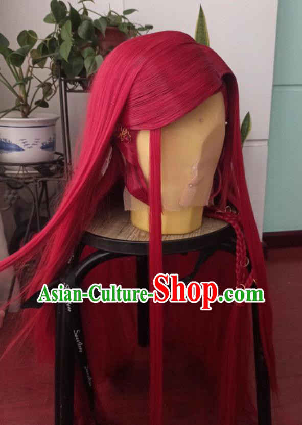 Handmade China Traditional Puppet Show Qiao Rulai Hairpieces Ancient Young Knight Headdress Cosplay Swordsman Red Wigs