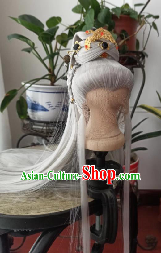 Chinese Traditional Handmade Cosplay Taoist Priest Grey Wigs Hairpieces Ancient Swordsman Periwig Hair Accessories Puppet Show Emperor Headdress