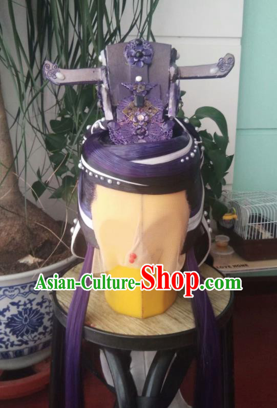 Chinese Traditional Cosplay Swordsman Purple Wigs and Hairdo Crown Hairpieces Ancient Royal King Periwig Hair Accessories Handmade Puppet Show Headdress
