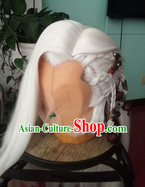 Chinese Handmade Puppet Show Headdress Traditional Cosplay Swordsman White Wigs Hairpieces Ancient Royal Prince Periwig Hair Accessories