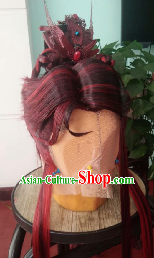Chinese Handmade Puppet Show Shangguan Hongxin Headdress Traditional Cosplay Royal King Red Wigs Hairpieces Ancient Swordsman Periwig Hair Accessories