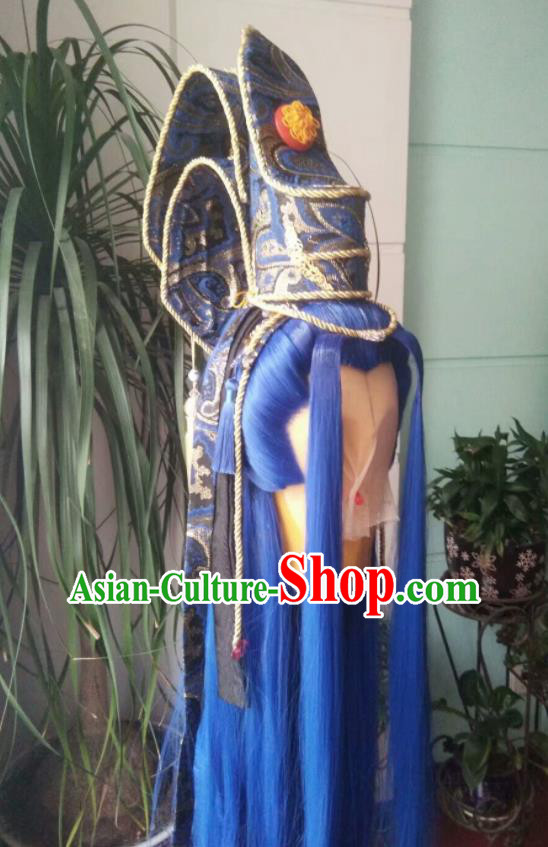 Chinese Handmade Puppet Show Headdress Traditional Cosplay Dragon King Blue Wigs and Hairdo Crown Hairpieces Ancient Patriarch Periwig Hair Accessories