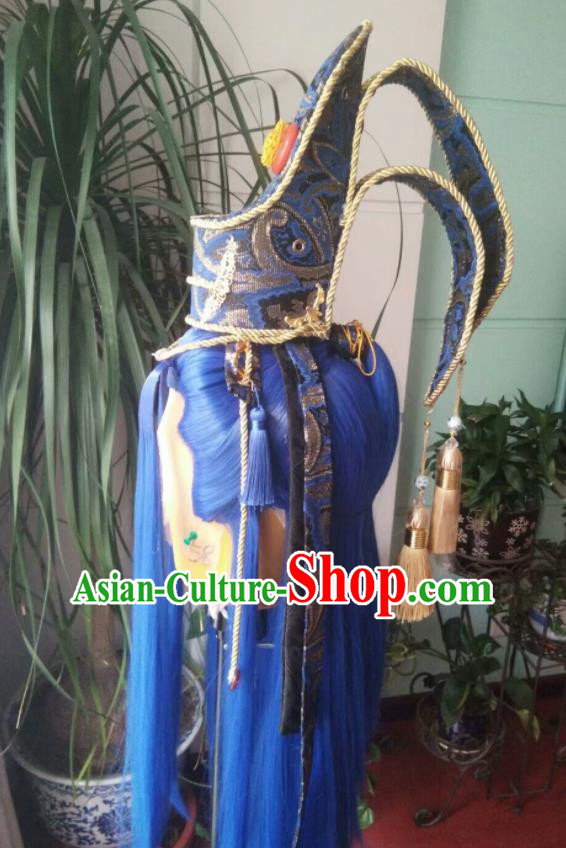 Chinese Handmade Puppet Show Headdress Traditional Cosplay Dragon King Blue Wigs and Hairdo Crown Hairpieces Ancient Patriarch Periwig Hair Accessories
