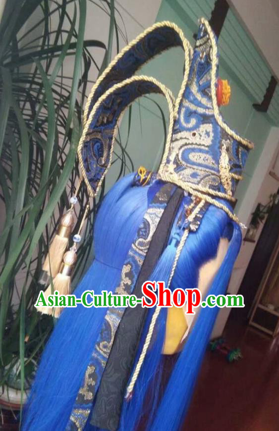 Chinese Handmade Puppet Show Headdress Traditional Cosplay Dragon King Blue Wigs and Hairdo Crown Hairpieces Ancient Patriarch Periwig Hair Accessories