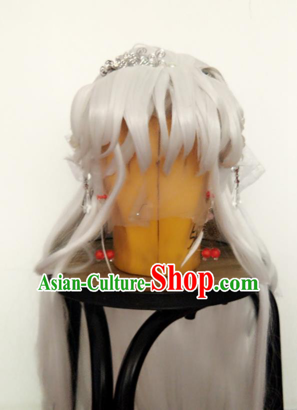 China Ancient Fairy Princess White Wigs Traditional Puppet Show Swordswoman Hair Accessories Cosplay Goddess Hairpieces
