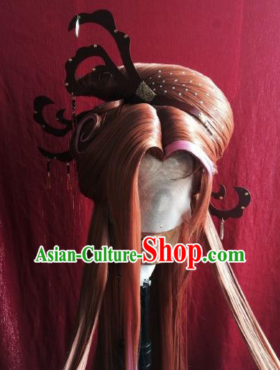 China Traditional Puppet Show Bu Xiangchen Hair Accessories Cosplay Goddess Queen Hairpieces Ancient Empress Orange Wigs and Hair Crown