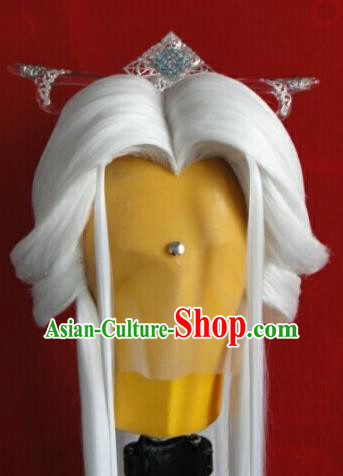 Chinese Ancient Taoist Priest Periwig Hair Accessories Handmade Puppet Show Su Huanzhen Headdress Traditional Cosplay Swordsman White Wigs Hairpieces