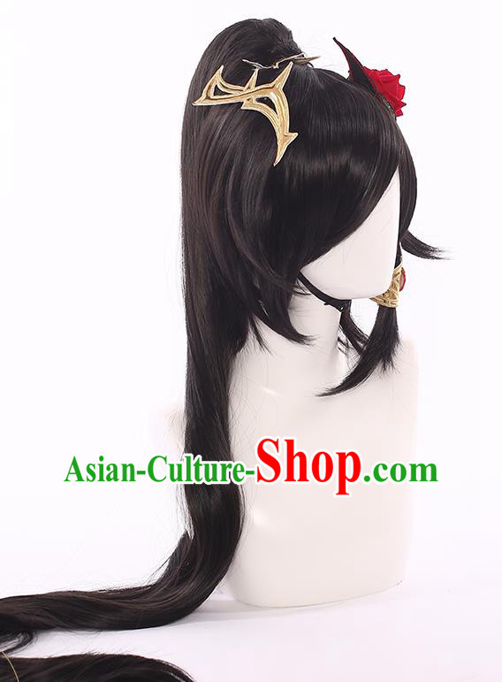 Handmade Traditional Game Princess Hair Accessories Cosplay Fairy Hairpieces Demon Woman Black Wigs