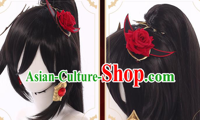 Handmade Traditional Game Princess Hair Accessories Cosplay Fairy Hairpieces Demon Woman Black Wigs
