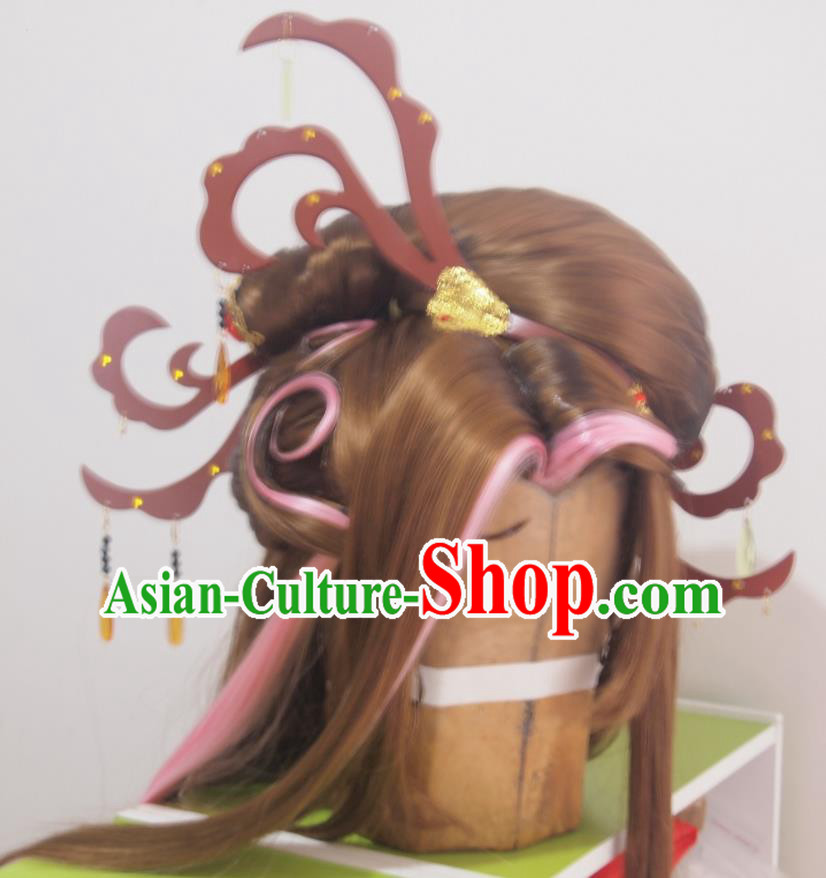 China Cosplay Goddess Hairpieces Ancient Queen Brown Wigs Headdress Traditional Puppet Show Bu Chenxiang Hair Accessories