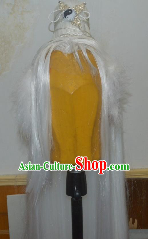 Chinese Traditional Puppet Show Master White Wigs Hairpieces Ancient Swordsman Periwig Hair Accessories Handmade Cosplay Taoist Priest Headdress