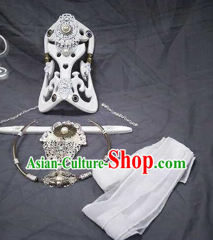 Chinese Traditional Puppet Show Shi Yanwen White Hairdo Crown Ancient Prince Hair Accessories Handmade Cosplay Swordsman Headpieces Full Set