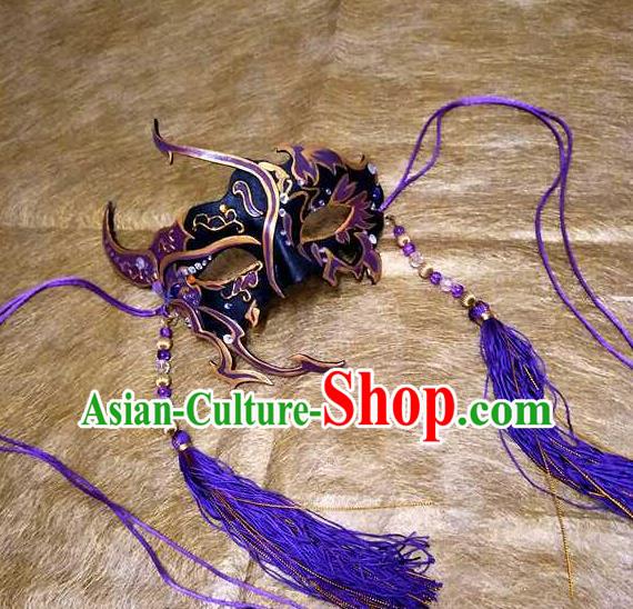 Custom Chinese Puppet Show Purple Tassel Masque Props Handmade Swordsman Face Accessories Cosplay Performance Mask