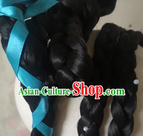 China Cosplay Swordswoman Huang Rong Braids Wigs Headwear Ancient Young Lady Hairpieces Traditional Song Dynasty Female Knight Hair Accessories