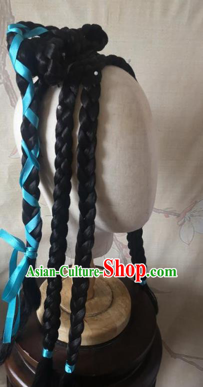 China Cosplay Swordswoman Huang Rong Braids Wigs Headwear Ancient Young Lady Hairpieces Traditional Song Dynasty Female Knight Hair Accessories