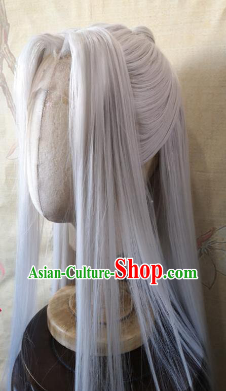 Chinese Traditional Hanfu Handmade Gray Front Lace Wigs Headdress Ancient Noble Childe Hair Accessories Cosplay Swordsman Hairpieces