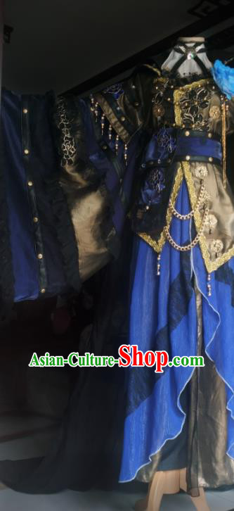 China Traditional Puppet Show Demon King Garment Costumes Cosplay Swordsman Apparels Ancient Royal Highness Blue Robe Clothing