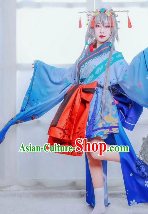 Top Cosplay Blue Kimono Dress Clothing Halloween Fancy Ball Garment Costume Cartoon Magic Queen Clothing