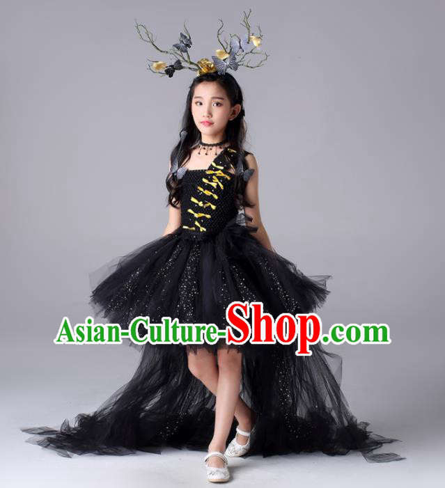 Custom Stage Show Fashion Children Catwalks Clothing Girl Black Veil Bubble Dress Compere Garment Costumes