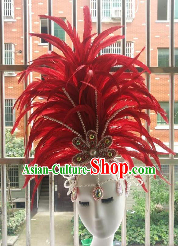 Handmade Rio Carnival Red Feather Hat Catwalks Beads Headwear Stage Performance Giant Hair Crown Samba Dance Hair Accessories