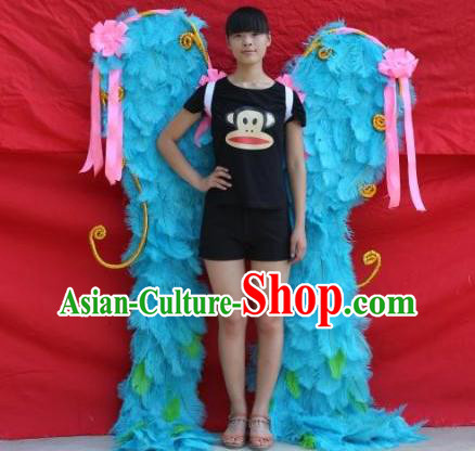 Top Halloween Cosplay Performance Decorations Miami Angel Catwalks Giant Props Stage Show Blue Ostrich Feather Wings Opening Dance Back Accessories