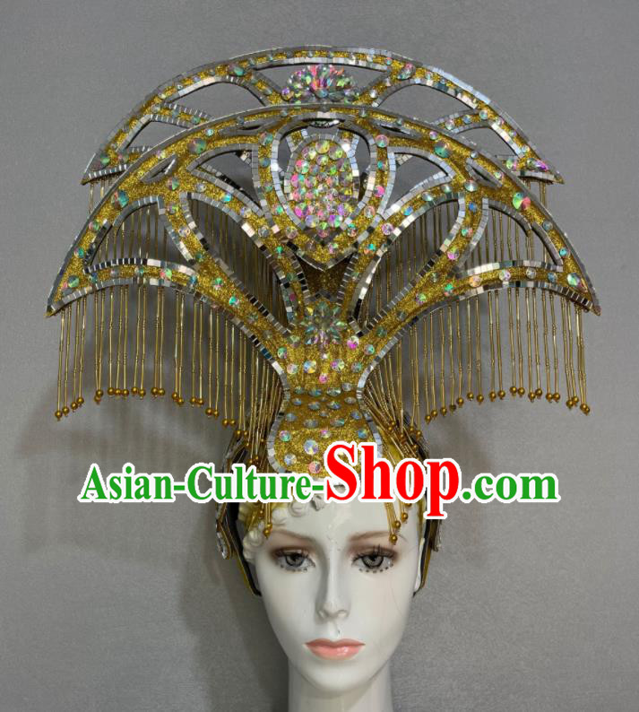 Custom Halloween Catwalks Headdress Brazil Parade Giant Hat Samba Dance Hair Accessories Opening Dance Golden Bells Tassel Hair Crown