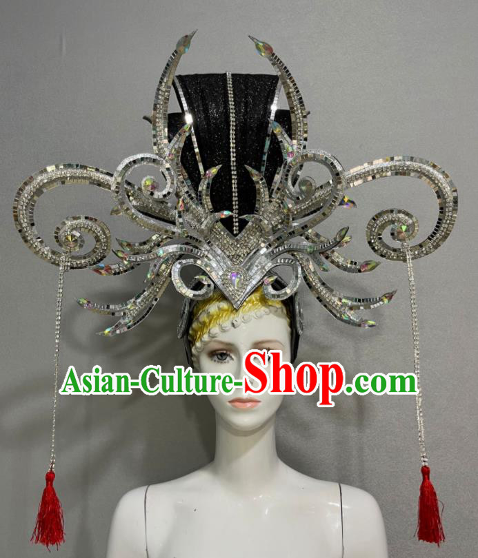 Custom Brazil Parade Argent Sequins Hat Samba Dance Hair Accessories Catwalks Giant Hair Crown Halloween Opening Dance Headdress