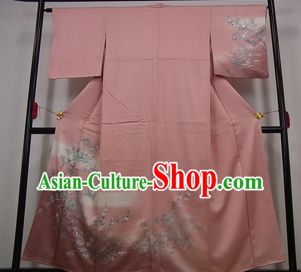 Japanese Traditional Hanabi Taikai Clothing Classical Bamboo Leaf Pattern Kimono Costume Young Woman Pink Silk Yukata Dress