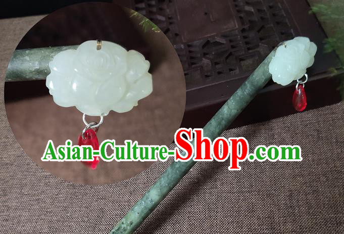 China Traditional Hair Accessories Jade Peony Hair Stick Classical Cheongsam Headpiece Handmade Carving Hairpin