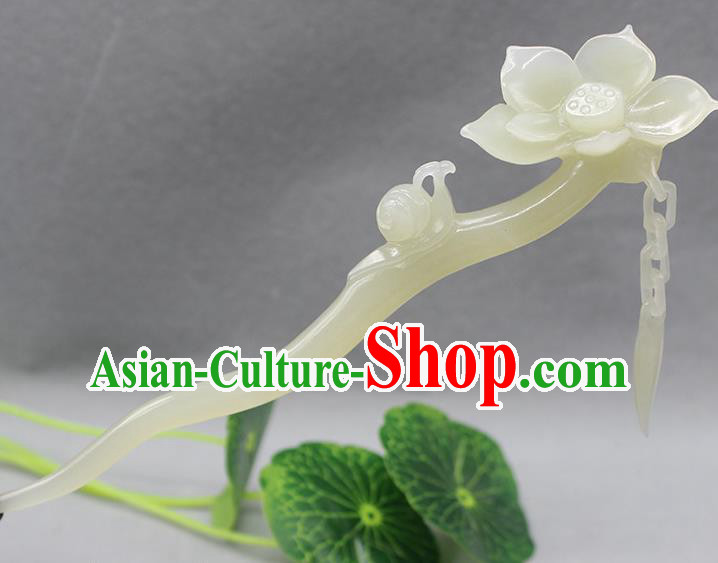 China Classical Hanfu Headpiece Handmade Jade Carving Lotus Hairpin Traditional Hair Accessories Ancient Empress Tassel Hair Stick