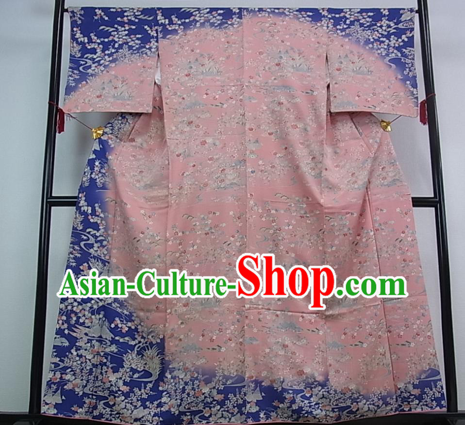 Japanese Young Woman Pink Silk Yukata Dress Traditional Hanabi Taikai Clothing Classical Orchids Pattern Kimono Costume