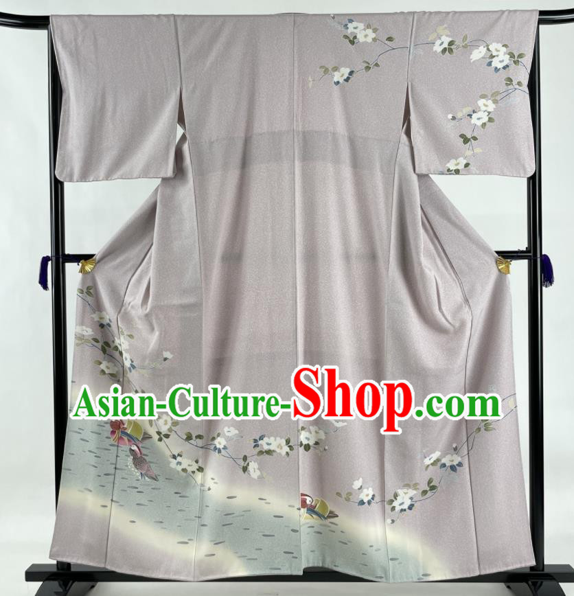 Japanese Classical Sakura Pattern Tsukesage Kimono Costume Elderly Woman Grey Silk Yukata Dress Traditional Hanabi Taikai Clothing