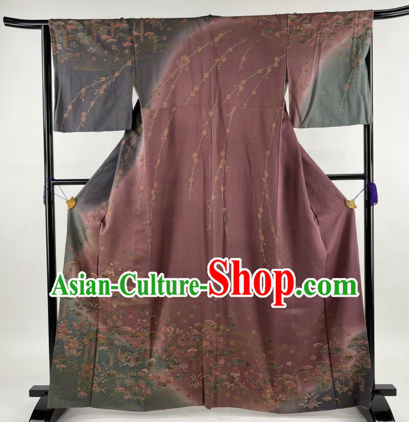 Japanese Classical Wisteria Sakura Pattern Tsukesage Kimono Costume Court Woman Brownish Pink Yukata Dress Traditional Ceremony Clothing