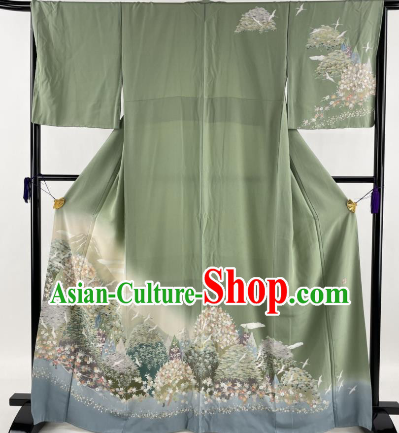 Japanese Traditional Clothing Classical Flowers Pattern Tsukesage Kimono Costume Court Woman Green Yukata Dress