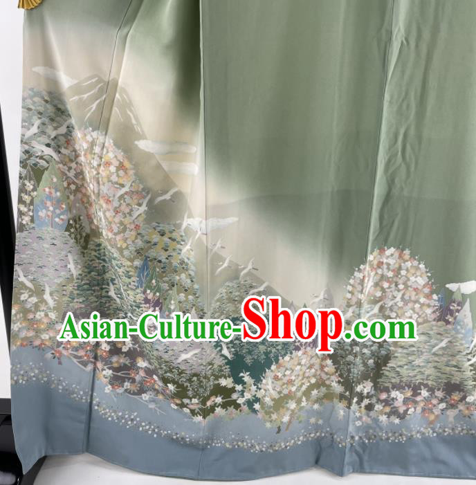 Japanese Traditional Clothing Classical Flowers Pattern Tsukesage Kimono Costume Court Woman Green Yukata Dress