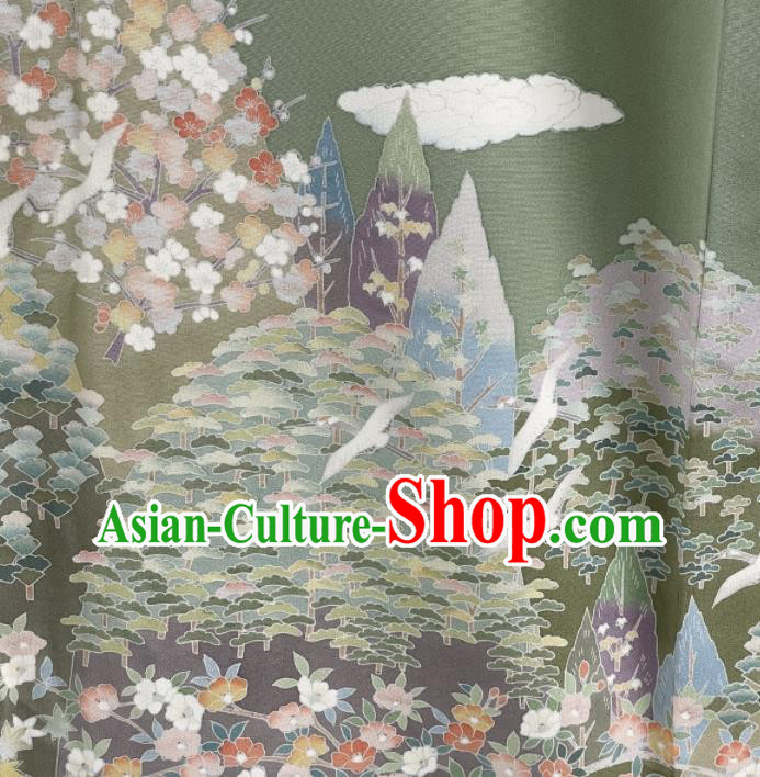 Japanese Traditional Clothing Classical Flowers Pattern Tsukesage Kimono Costume Court Woman Green Yukata Dress